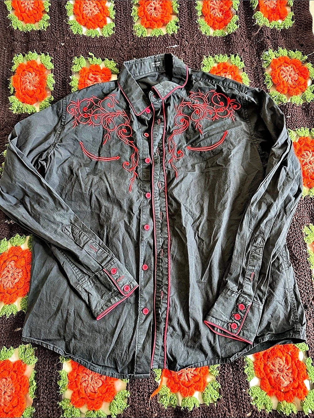 Coofandy Floral Embroidered Button Down Black Medium Like New